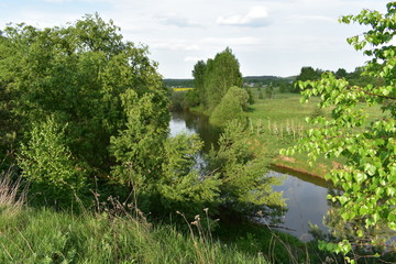 Fototapeta na wymiar spring landscape, river flowing, green trees, bushes, grass, sky with clouds
