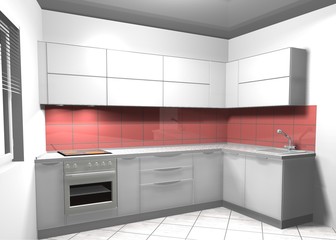 white kitchen 3D rendering interior design