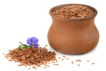 clay pot with flax seeds and flower isolated on white background. flaxseed or linseed. Cereals.