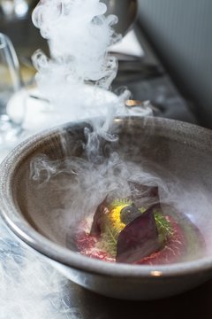 Beetroot on quark pur&eacute;e being made (Radek Kasparek, Restaurant Field, Prague)