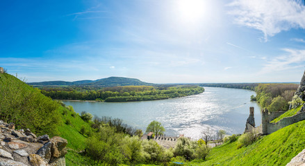 Obraz premium The Danube and Morava river together near the Devin castle, Slovakia. Summer weather, blue sky