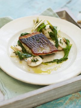 Pan fried seabass, pickled summer turnips, wilted tops and toasted almonds