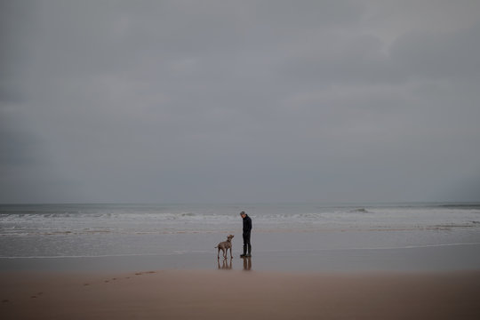 Man and a dog on a empty beach