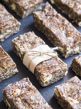 Homemade healthy protein granola bars with cashew nuts and cashew nut butter