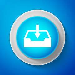 Fototapeta premium White Download inbox icon isolated on blue background. Circle blue button with white line. Vector Illustration