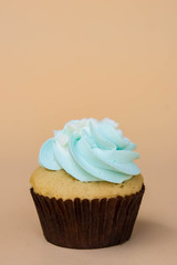 sweet cup cake dessert on yellow background and copy space