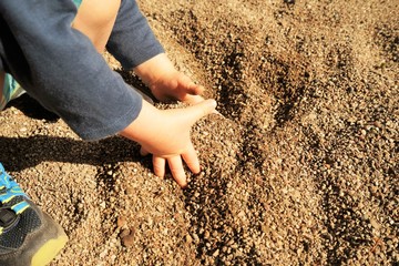Children's hands play with sand on a playground
