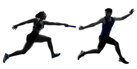 athletics relay runners sprinters running runners in silhouette isolated on white background - obrazy, fototapety, plakaty