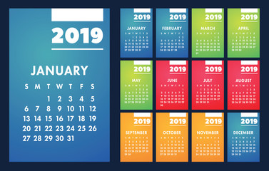 Calendar 2019 vector basic grid. Desk. Simple design template