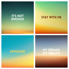 Abstract vector sunset blurred background set. Square blurred background - sky clouds colors With love quotes