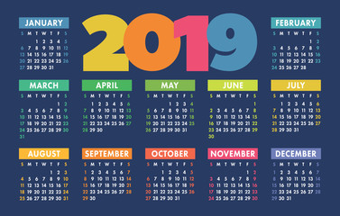 Calendar 2019 vector basic grid. Colorful simple design template