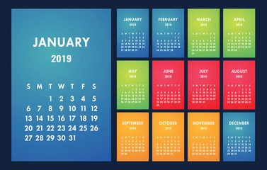 Calendar 2019 desk vector basic grid. Colorful design template