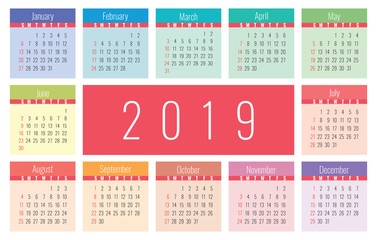 Calendar 2019 vector basic grid. Colorful, color. Pocket. Simple design template