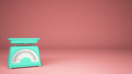 Kitchen turquoise empty weigh scales, on pink background copy space, measuring diet food concept idea