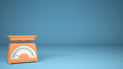 Kitchen orange empty weigh scales, on blue background copy space, measuring diet food concept idea