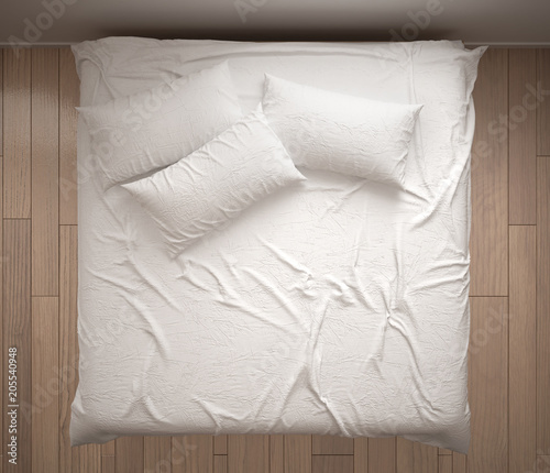 Minimalistic Bedroom Top View Closeup On Double White Bed Parquet Floor Contemporary Minimalistic Bedroom Top View Closeup On Double White Bed Parquet Floor Contemporary