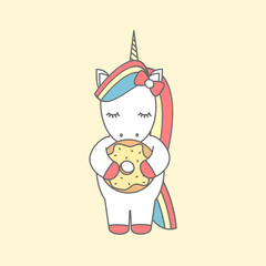 cute cartoon vector illustration with unicorn eating donut