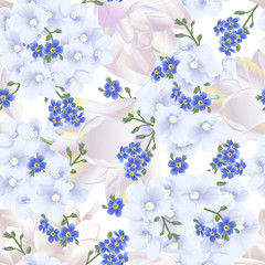 Vector seamless pattern with forget me not, tulips and violets flowers. Modern floral pattern for textile, wallpaper, print, gift wrap, greeting or wedding background. Spring or summer design.