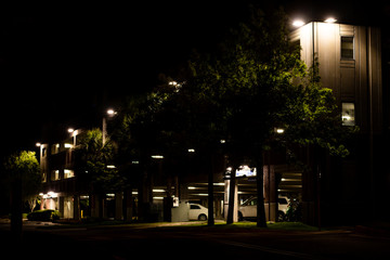 Moody parking garage at night