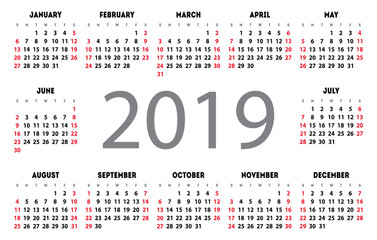 Calendar 2019 vector basic grid. Simple design template