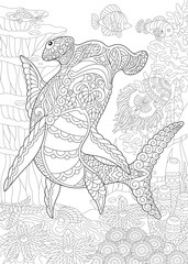 Underwater background with hammer head shark. Coloring Page. Adult Coloring Book idea. 