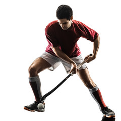 Obraz premium one caucasian field hockey player man isolated silhouette on white background