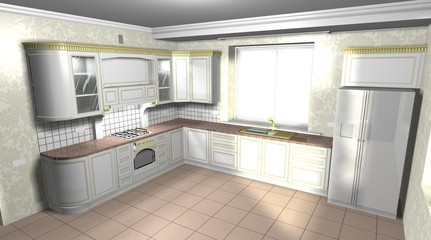 interior design classic white large kitchen 3D rendering