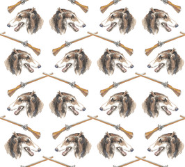 watercolor pattern, Russian greyhound and hunting accessories