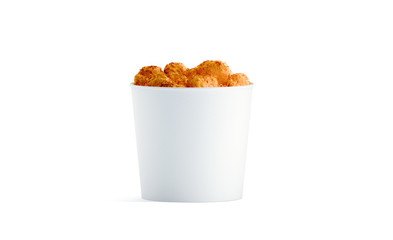 Blank white food bucket with chicken wings mockup isolated, 3d rendering. Empty pail fastfood front side view. Paper hen bucketful design mock up. © Alexandr Bognat