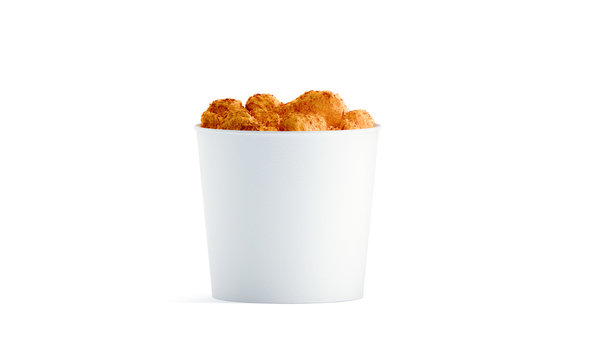 Blank white food bucket with chicken wings mockup isolated, 3d rendering. Empty pail fastfood front side view. Paper hen bucketful design mock up.