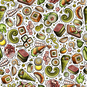 Cartoon cute hand drawn Japan food seamless pattern