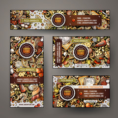 Corporate Identity vector templates set design with doodles hand drawn Pizza theme