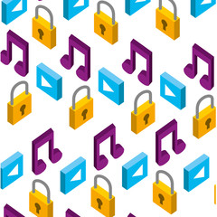 music note with padlock and play button pattern vector illustration design