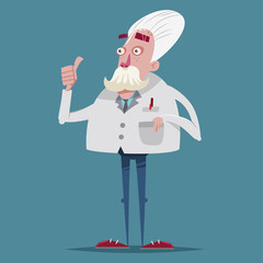 Funny scientist chemist in a laboratory suit. Vector cartoon character of an old professor.