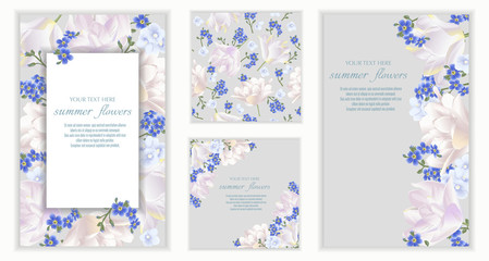 Vector banners set with forget me not, tulips and violets flowers.Template for greeting cards, wedding decorations, sales. Spring or summer design.