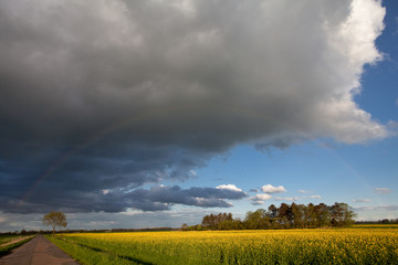 Regenbogen unter einer dramatischen Wolke und blauem Himmel spannt sich über einen asphaltierten...