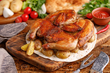 Fried chicken with garnish of baked young potatoes. Still life on a wooden background with textiles and original instruments.