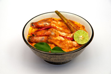 tom yum kung with rice on white background