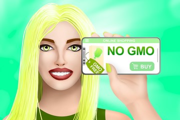 Concept no gmo food buy online. Drawn cute girl on colored background. Illustration