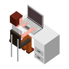 man sitting in chair with office desk and laptop computer isometric icon vector illustration design