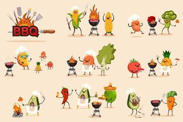 Barbecue fruit and vegetable vector set for bbq party and picnic. Cute cartoon character of avocado, mango, corn, potato, tomato, pineapple, chilli and carrot on summer vacation isolated on background