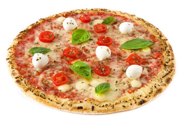 Pizza with tomatoes, cheese and basil isolated on white background

