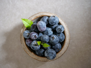 Fresh blueberries, in a ceramic bowl, on a gray background