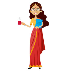 Indian business woman with a cup of tea vector flat cartoon illustration isolated