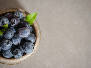 Fresh blueberries, in a ceramic bowl, on a gray background