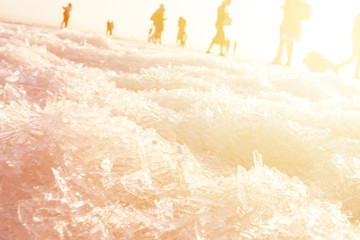 several people meet on the sea sunset background