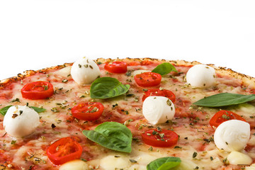Pizza with tomatoes, cheese and basil isolated on white background


