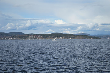 View of fjord in Holmestrand from top of rock, Norway.