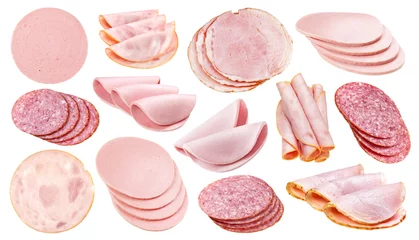 Fotobehang Slices of different sausage, ham and salami isolated on white background © xamtiw