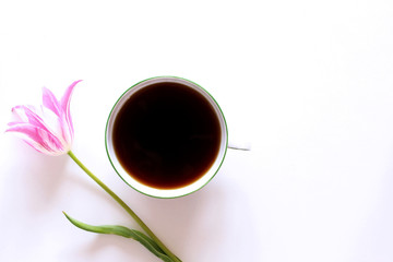 Cup of coffee with pink tulip. Flat lay, top view.Empty space for your text.